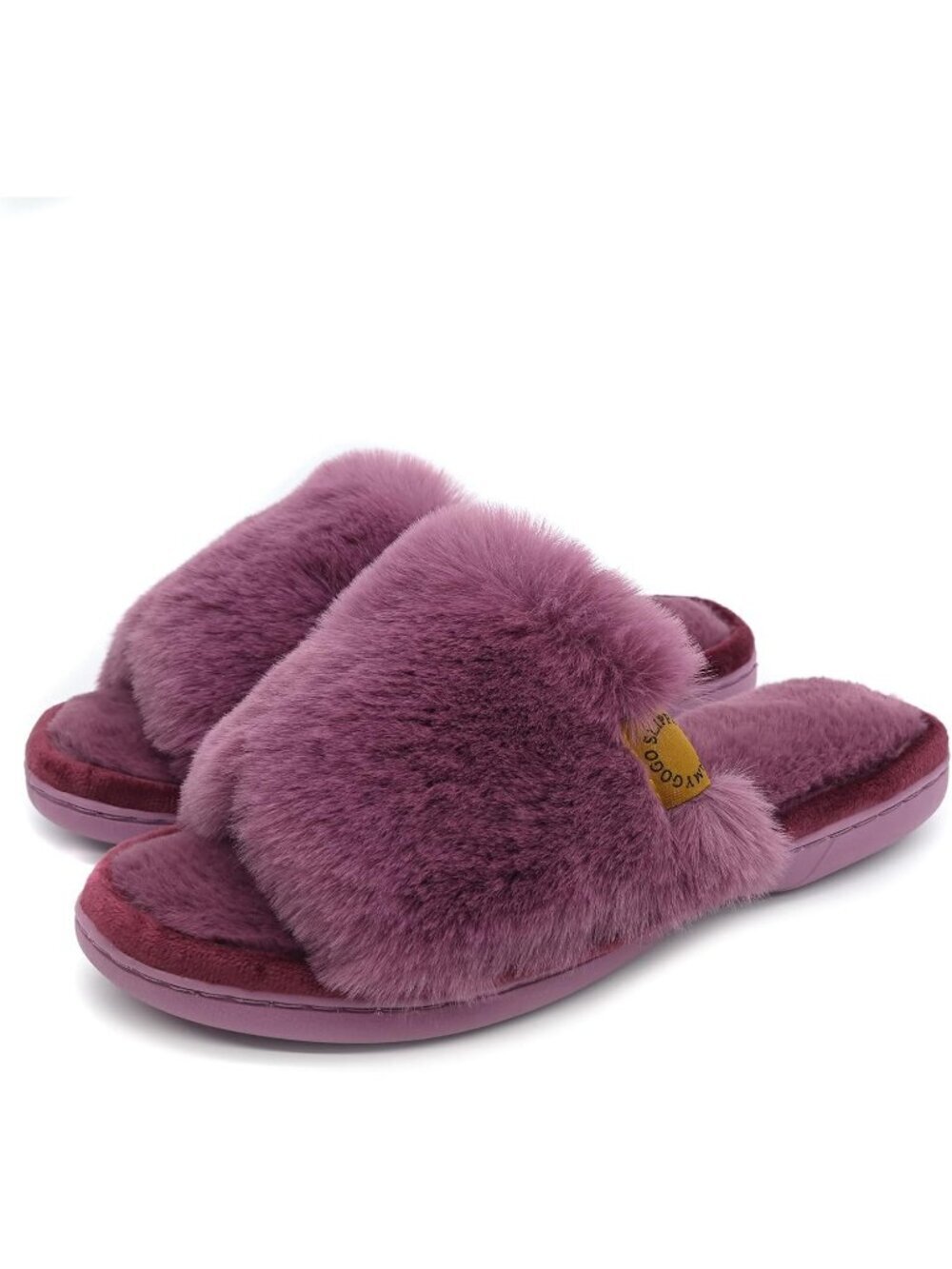 Women's Red Plum Indoor Memory Foam Soft Faux Fur Nonslip Open Toe Slipper Shoes